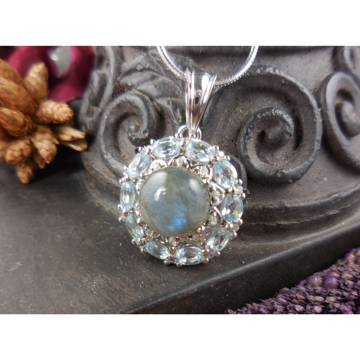 Labradorite, Blue Topaz, & Natural Zircon .925 Sterling Silver  Pendant/Necklace