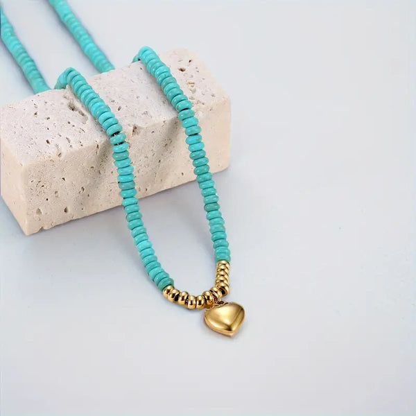 Faux Turquoise w/Gold-Plated Beads and Heart Charm & Stainless Steel Chain Adjustable Necklace