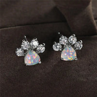 Silver Plated Alloy w/CZ Faux Opal & CZ Paw Print Post Earrings