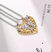 Bonnie & Clyde w/Pistol Boyfriend/Girlfriend Gold-Plated Heart Pendant w/Stainless Steel Box Chain Necklace