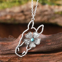 Horse w/Faux Turquoise & Flower Silver-Plated Alloy Pendant/Necklace