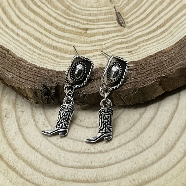 Silver-Plated Alloy w/Patina Cowboy Hat & Boot Post Earrings