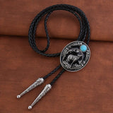 Western Alloy Metal Faux Turquoise w/Leather Bolo Tie: Howling Wolf & Moon