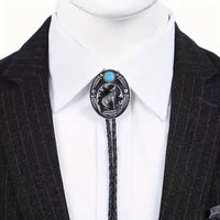 Western Alloy Metal Faux Turquoise w/Leather Bolo Tie: Howling Wolf & Moon