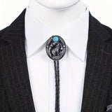 Western Alloy Metal Faux Turquoise w/Leather Bolo Tie: Howling Wolf & Moon