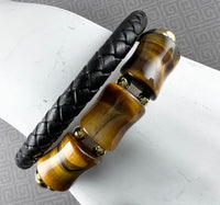 Gold-Plated Stainless Steel Double-Row Leather, Tigers Eye, Bracelet: 8"