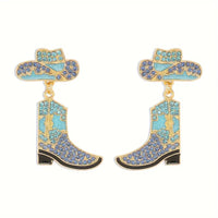 Gold Plated Alloy w/Rhinestones Cowboy Boot & Hat Post Earrings: Blue