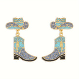 Gold Plated Alloy w/Rhinestones Cowboy Boot & Hat Post Earrings: Blue