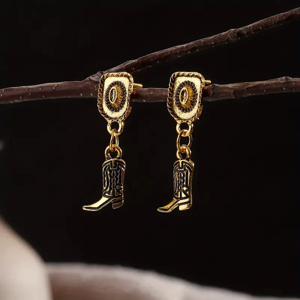 Gold-Plated Alloy w/Patina Cowboy Hat & Boot Post Earrings