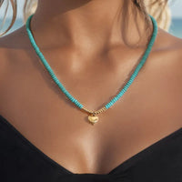 Gold-Plated Alloy Heart w/Faux Turquoise Hashi Beads Adjustable Necklace