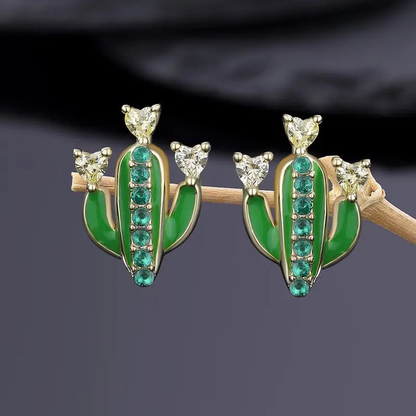 Gold-Plated Sterling Silver Cactus w/Enamel & CZ Accent Post Earrings