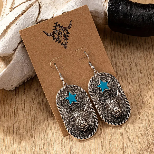 Antique Patina Silver Plated Longhorn & Faux Turquoise Star Earrings w/Stainless Steel Leverback Wires