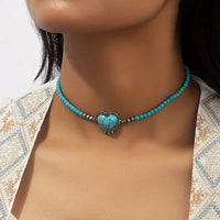 Faux Turquoise Heart Pendant & Natural Turquoise Beads Choker w/Antique Silver Plated Alloy Metal