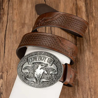 47" Cowboy Up Alloy Metal Belt Buckle and PU Leather Belt: Brown