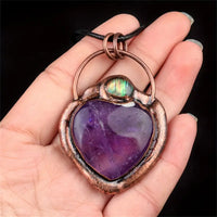 Copper Metal & Amethyst Heart & Abalone Shell Artisan Pendant/Necklace