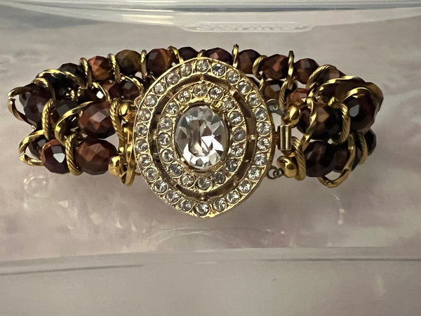 2-Row Tigers Eye Bracelet w/Gold-Plated Stainless Chain & /Gold-Plated Alloy w/Crystals Box Clasp