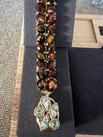 Handwoven 2-Row Tigers Eye Bracelet wGold-Plated Alloy w/Crystals Box Clasp