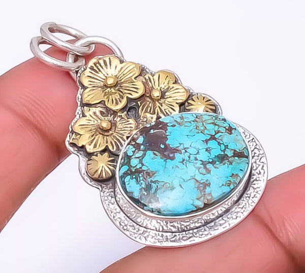 Turquoise 14kt Gold-Plated Sterling Silver Two-Tone Floral Element Pendant w/18" Sterling Silver Snake Chain (Copy)