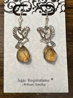 Citrine Quartz Rough Sterling Silver Dove Earrings w/Leverback Wires