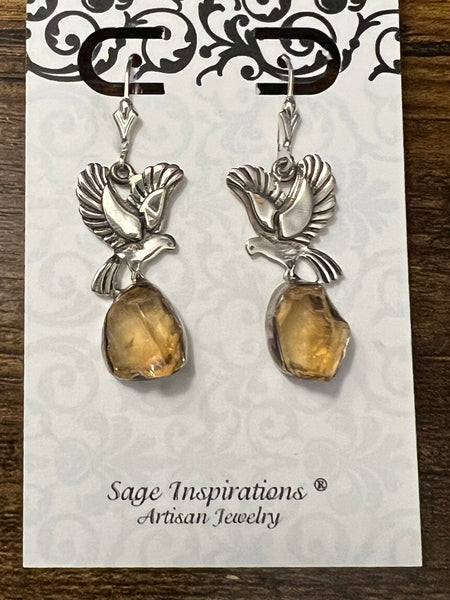 Citrine Quartz Rough Sterling Silver Dove Earrings w/Leverback Wires