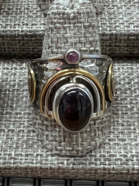 Garnet Gold-Plated Sterling Silver Two-Tone Wide Ring: Size 10