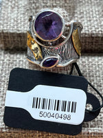 Amethyst Gold-Plated Sterling Silver Two-Tone Wide Ring: Size 7