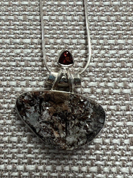 Russian Astrophyllite (Rough) & Garnet Sterling Silver Pendant/Necklace