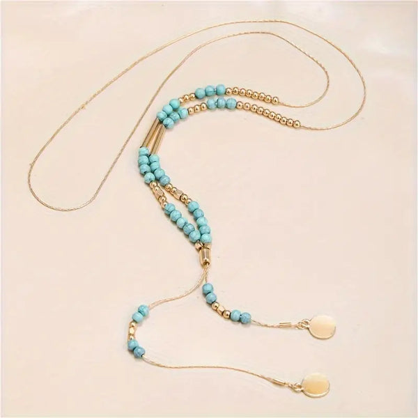 Gold Plated Faux Turquoise Lariat Bead & Chain Necklace