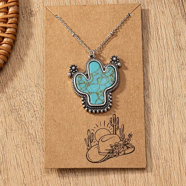 Faux Turquoise Cactus Silver-Plated Pendant/Necklace