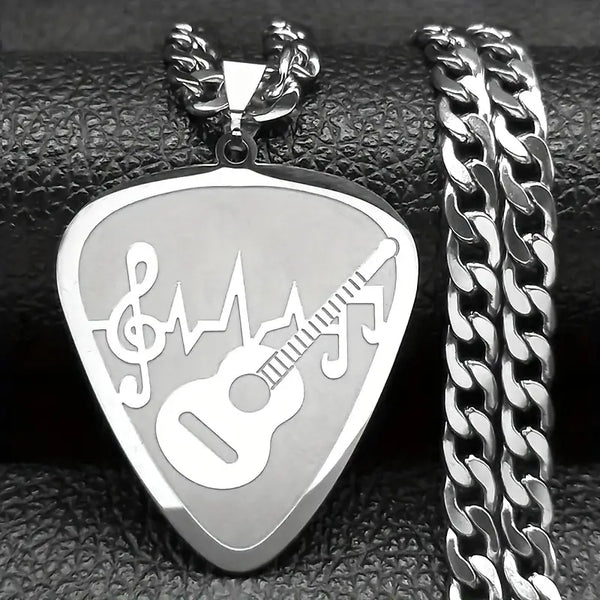 Large Guitar Pick w/Guitar Stainless Steel Pendant w/Heavy Stainless Steel Curb Chain/Necklace