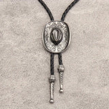 Coyboy Hat & Faux Leather Bolo Tie: Silver Plated w/Patina Alloy Metal