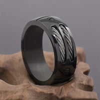 8mm Hammered Finish Stainless Steel w/Wire Rope Accent Ring-Black: Size 8