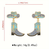 Gold Plated Alloy w/Rhinestones Cowboy Boot & Hat Post Earrings: Blue