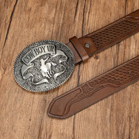 47" Cowboy Up Alloy Metal Belt Buckle and PU Leather Belt: Brown