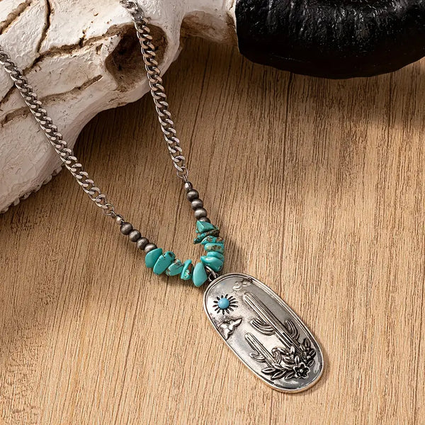 Silver-Plated Alloy Pendant w/Turquoise Chip Beads Adjustable Chain Necklace