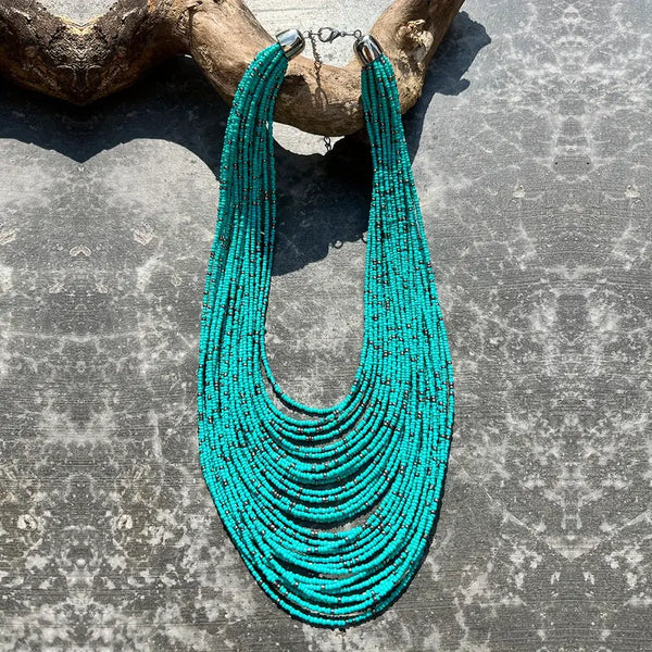 Beaded Turquoise Colored Multi-Strand w/Silver-Plated Alloy Clasp & Chain Necklace