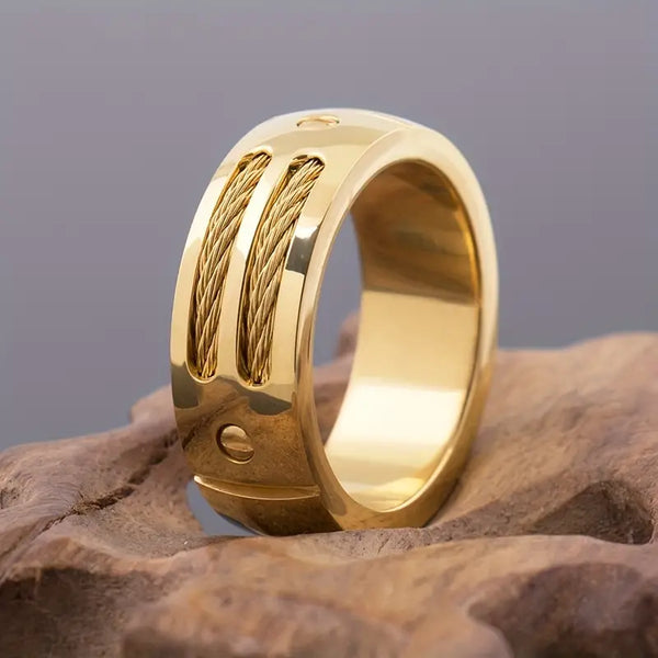 8mm Hammered Finish Stainless Steel w/Wire Rope Accent Ring-Gold Tone: Size 8