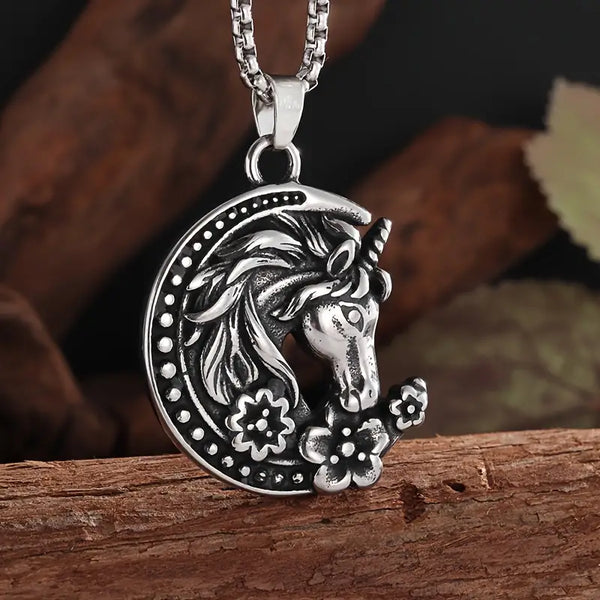 Silver-Plated Alloy Metal Horse w/Moon & Flowers Pendant & Stainless Steel Box Chain/Necklace